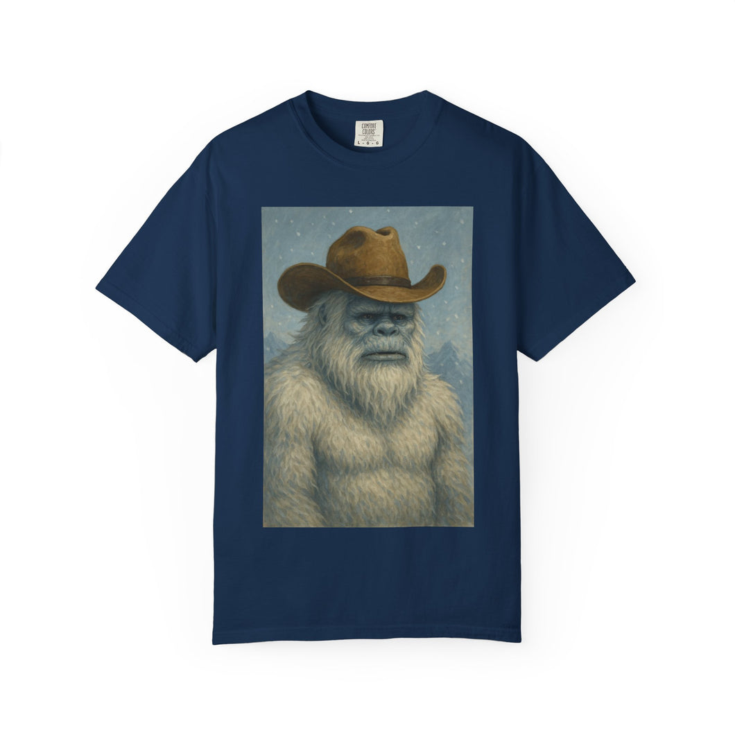 Cowboy Yetti Unisex Garment-Dyed T-Shirt, Funny Tees, Casual Wear, Gifts for Men, Unique Graphic Tee, Outdoor Adventure Shirt